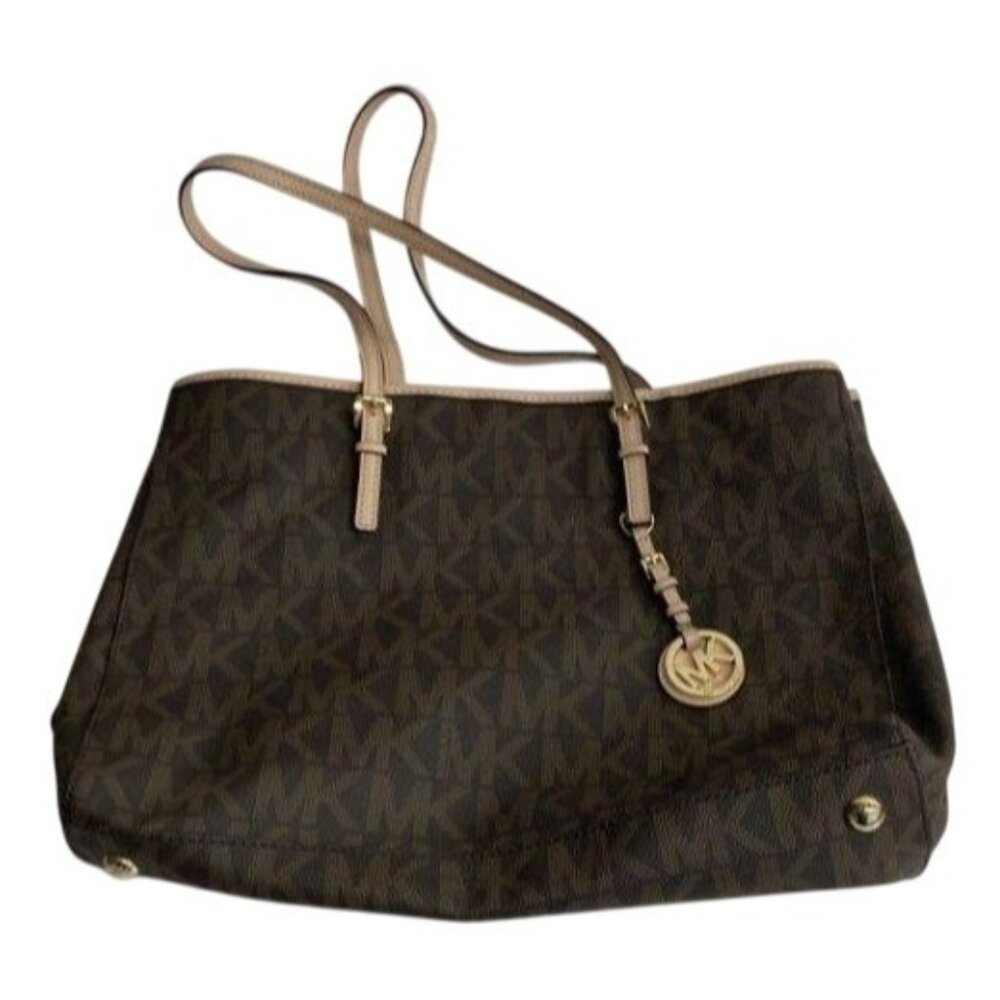 Michael Kors Brown Jet Set Monogram Tote Bag With Beige Straps &‎ Logo Charm